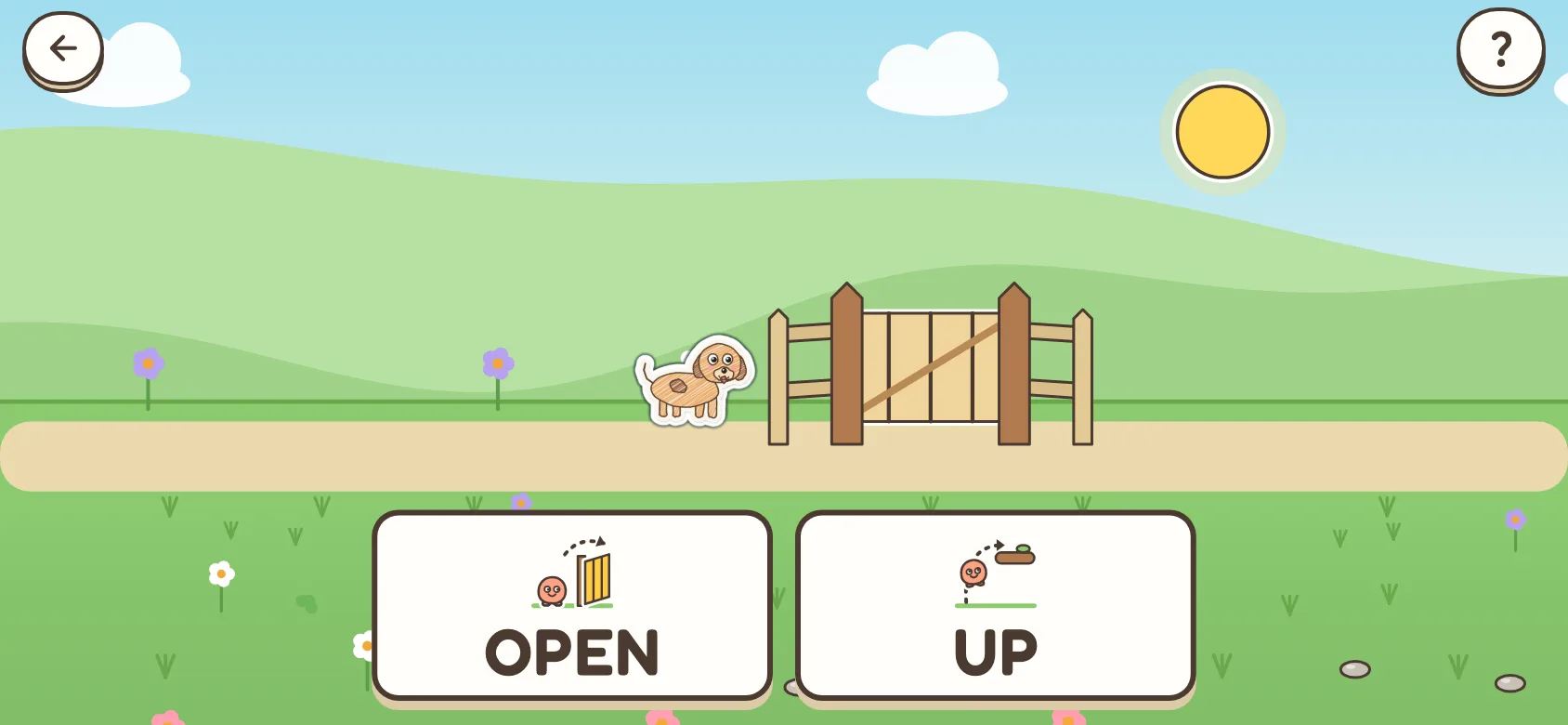 The ADVENTURE screen: the puppy waits at a wooden gate on a meadow path, under two big picture cards with the words OPEN and UP.