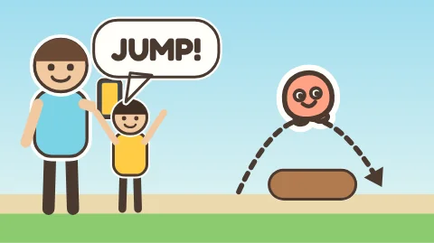 A grown-up holding a phone next to a child who says JUMP, and a Craftum jumping over a log.