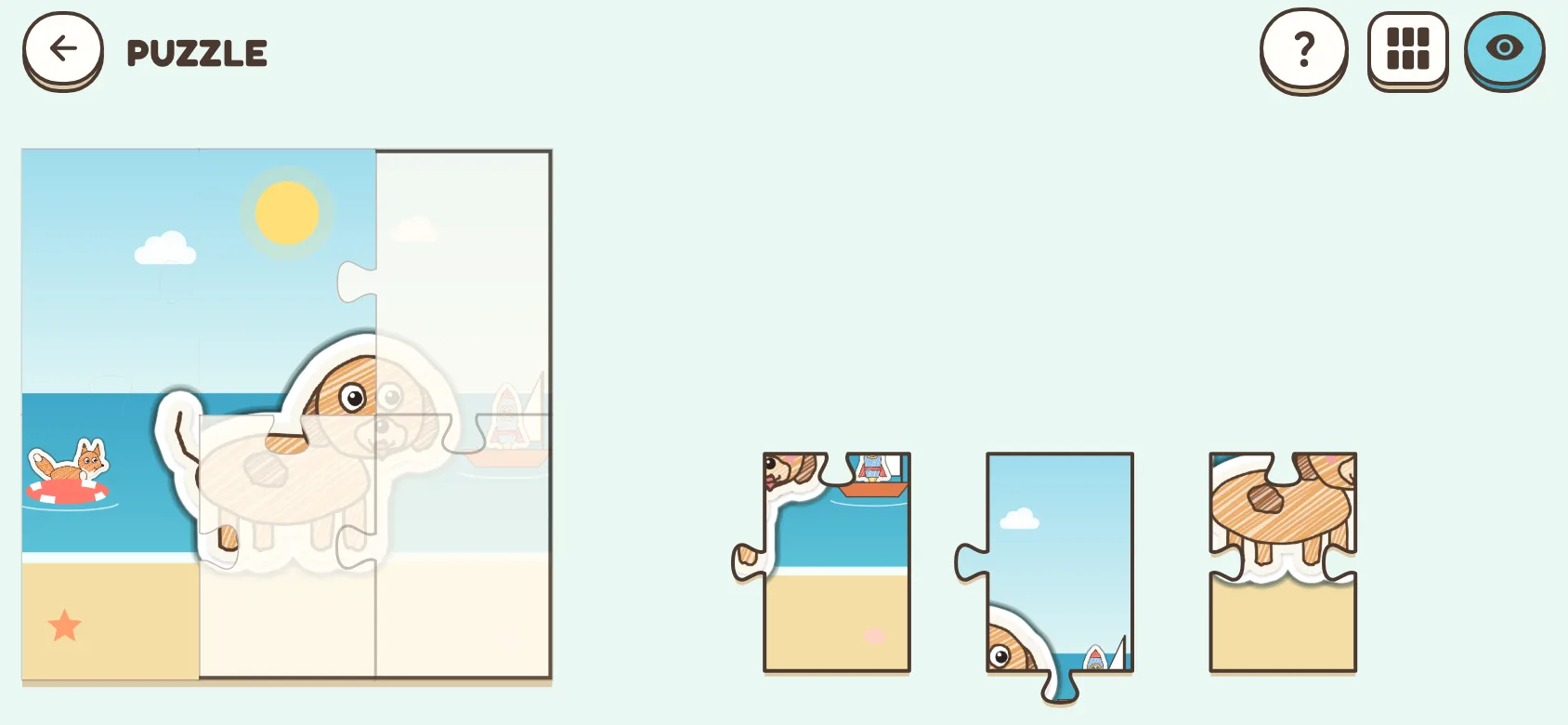 The PUZZLE screen: a half-finished jigsaw of the puppy on a beach, with three pieces waiting beside it.