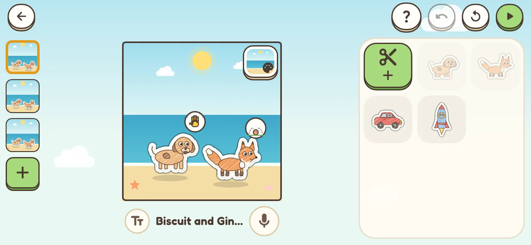 The STORY screen: a beach page with the puppy and the fox, a strip of three pages, a tray of Craftums to add, and the page's words and microphone underneath.